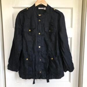 Chico's Black Linen Utility Jacket 100% Linen 2 LG Lightweight Zip Military Chic